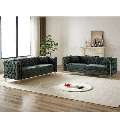 Chenille Pull Buckle Design Sofa for Living Room,Buttons Tufted With Copper Nail Decoration Armrest, Modern Couch Upholstered Button And Metal Legs