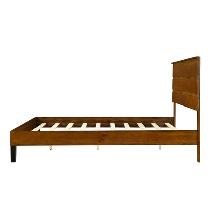 Mid-Century Modern Solid Wood Bed Frame Queen Size Platform Bed with Three-Piece Headboard Design, No Box Spring Needed, Brown