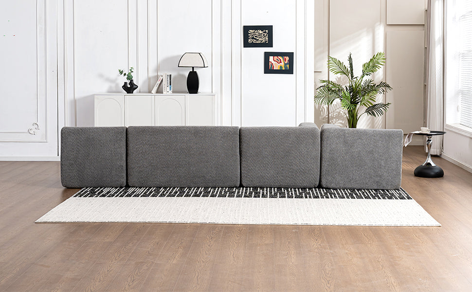 143.7" Upholstered Sofa Free-combined Sofa Couch with Two Chaise Lounge and Five Back Pillows for Living Room, Light Gray