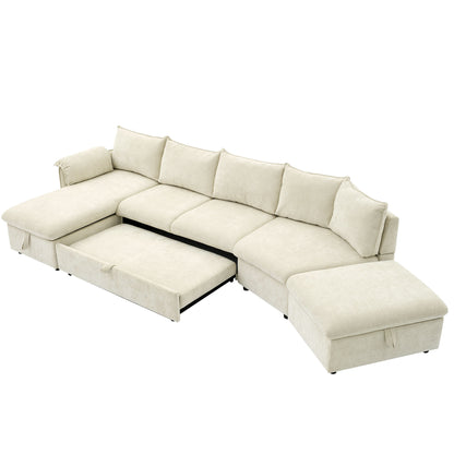 146.9" L-shaped Sofa Sectional Sofa Couch Pull-out Sofa Bed with a Movable Storage Ottoman, a Storage Chaise Lounge and Two USB Ports for Living Room, Beige