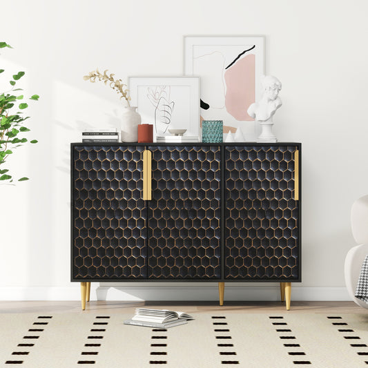 3 Door Storage Cabinet,Buffeet Sideboard with Adjustable Shelves,Honeycomb Seamless Hexagons Pattern Metal Door for Living Room,Dinging Room,Kitchen,Entrance