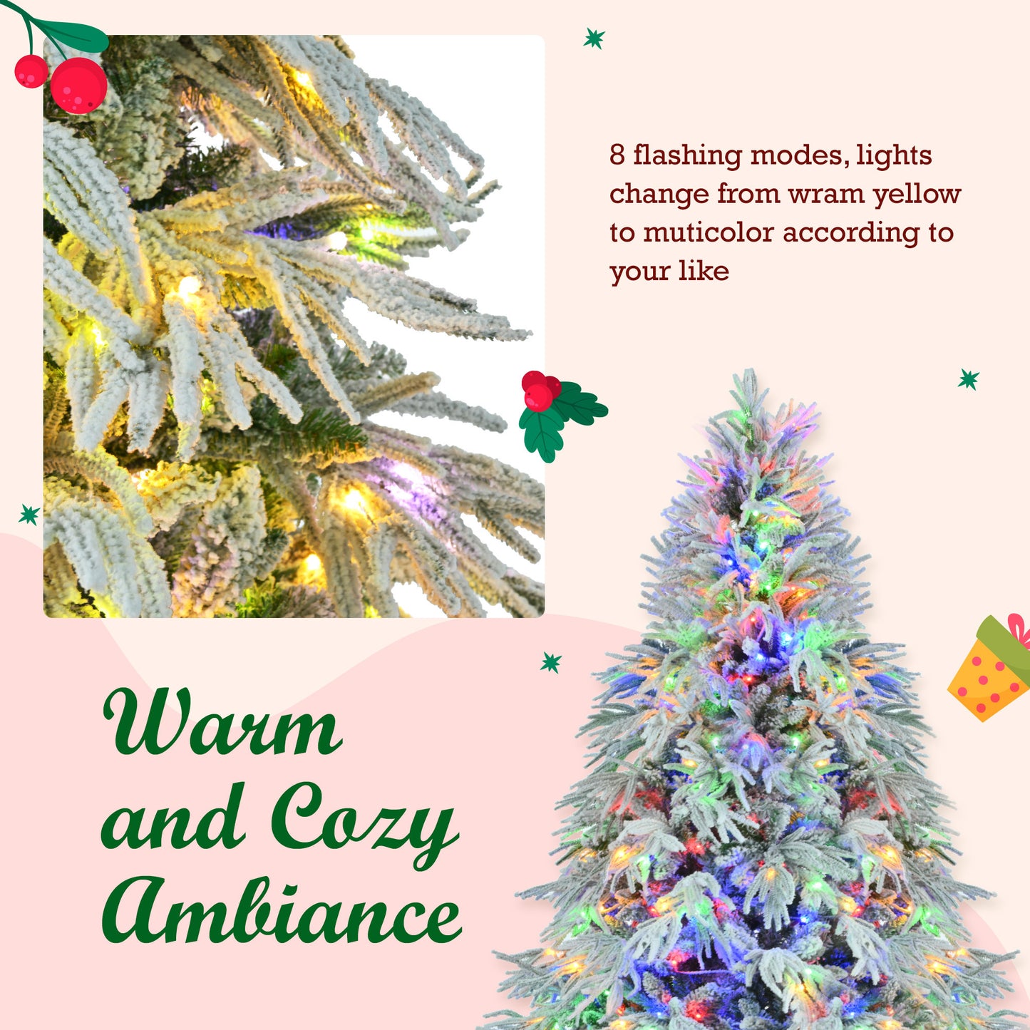 6FT Pre-Lit Spruce Snow Flocked Christmas Tree, Artificial Hinged Xmas Tree with 300 Multi-Color LED Lights, 8 Flashing Modes &790 Snow Branch Tips, Holiday Office Home Décor