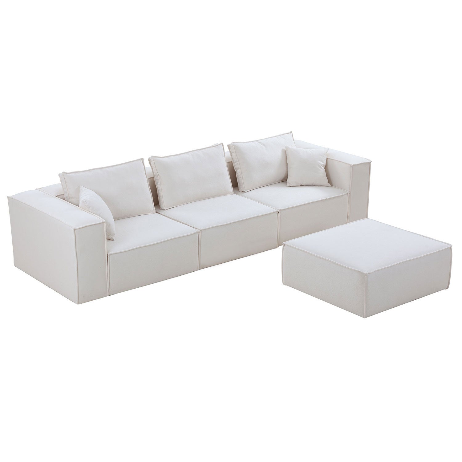 Modular Sectional Living Room Sofa Set, Modern Minimalist Style Couch with Ottoman and Reversible Chaise, L-Shape, White