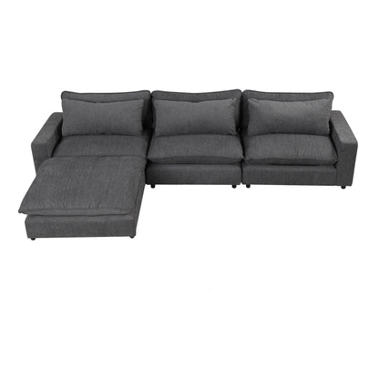 128" Sectional Sofa Cloud Sofa Chenille Upholstered Sofa  Couch with Movable Ottoman, Comfortable Seat Cushions, Charging Ports and Three Back Pillows for Living Room, Grey