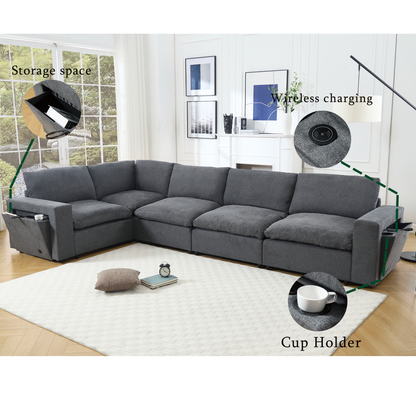 [NEW ARRIVED] [VIDEO PROVIDED]Sectional Couches For Living Room,Modular Couch,Wireless Charging Port & Cup Holders,5-seat ,DIY Combination,L-shaped Sofa,Book Storage Space,Soft Linen Fabric,Gray