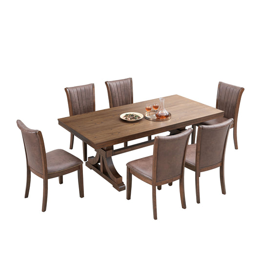 Mid Century Modern Dining Table Set for 7,Rectangular Table and 6 Kitchen Room Chairs,7 Piece Kitchen Table Set for Dining Room,Faux Leather Upholstered 6PCS Side Chairs,OAK