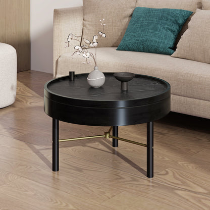 Modern Round Wood Rotating Tray Coffee Table with Storage & Metal Legs in Black