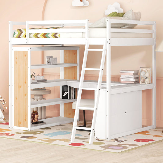 Full Size Loft Bed with Ladder, Shelves, and Desk, White(OLD SKU:LT000226AAK)