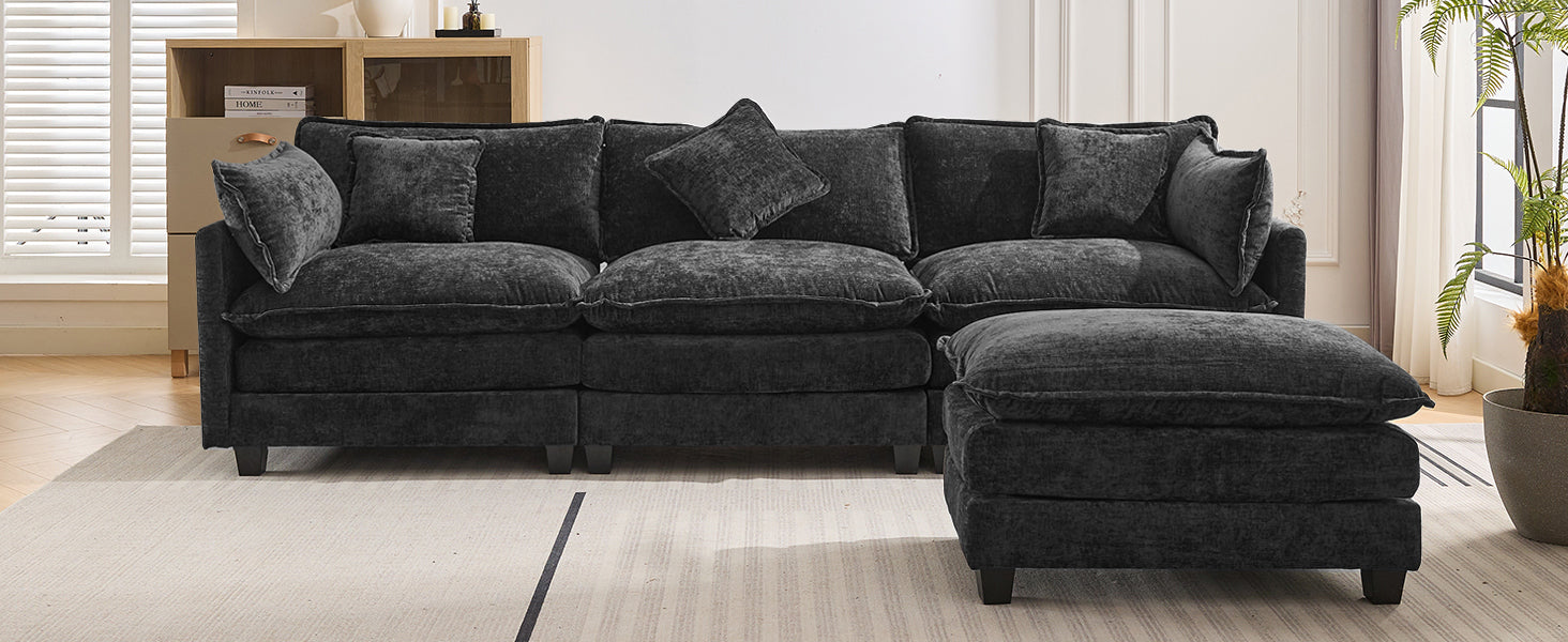 112.2" L-Shape Chenille Upholstered Sofa for Living Room Modern Luxury Sofa Couch with Ottoman and 5 Pillows for Living Room (SG001160AA), Black