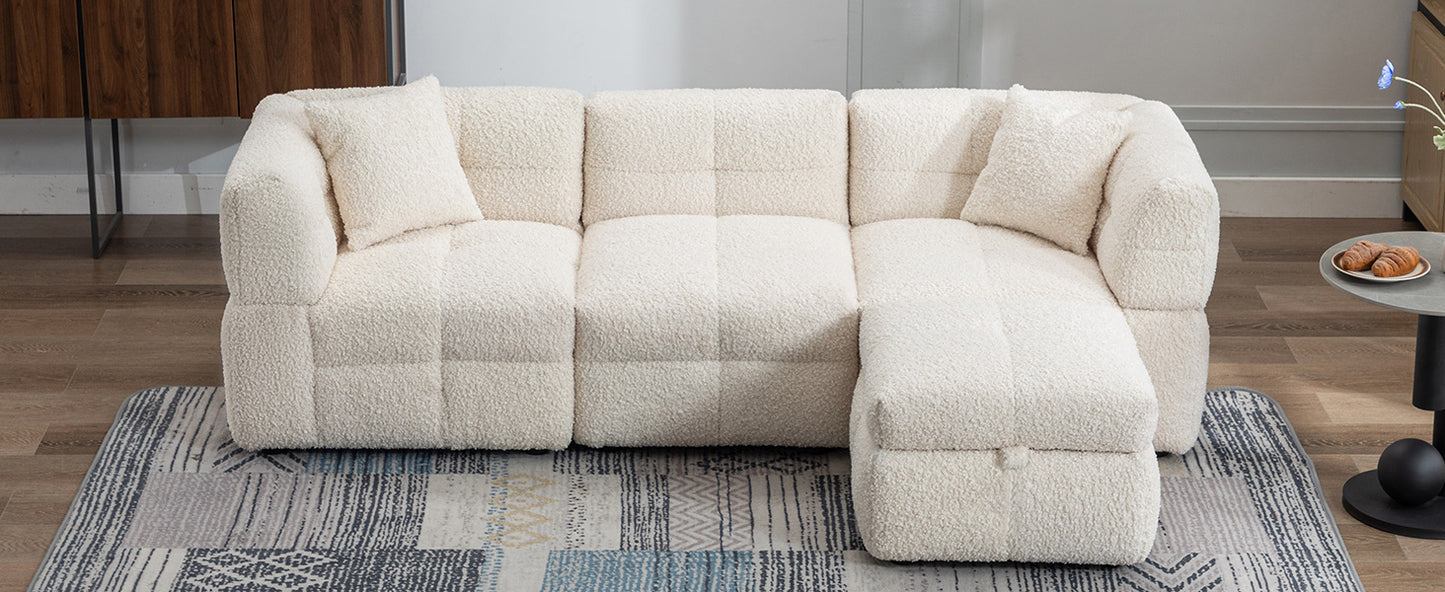 87.7" Sectional Sofa Cozy Teddy Fleece Fabric Sectional Sofa Couch with Two USB Ports a Movable Storage Ottoman and Two Lumbar Pillows for Living Room, Creamy White