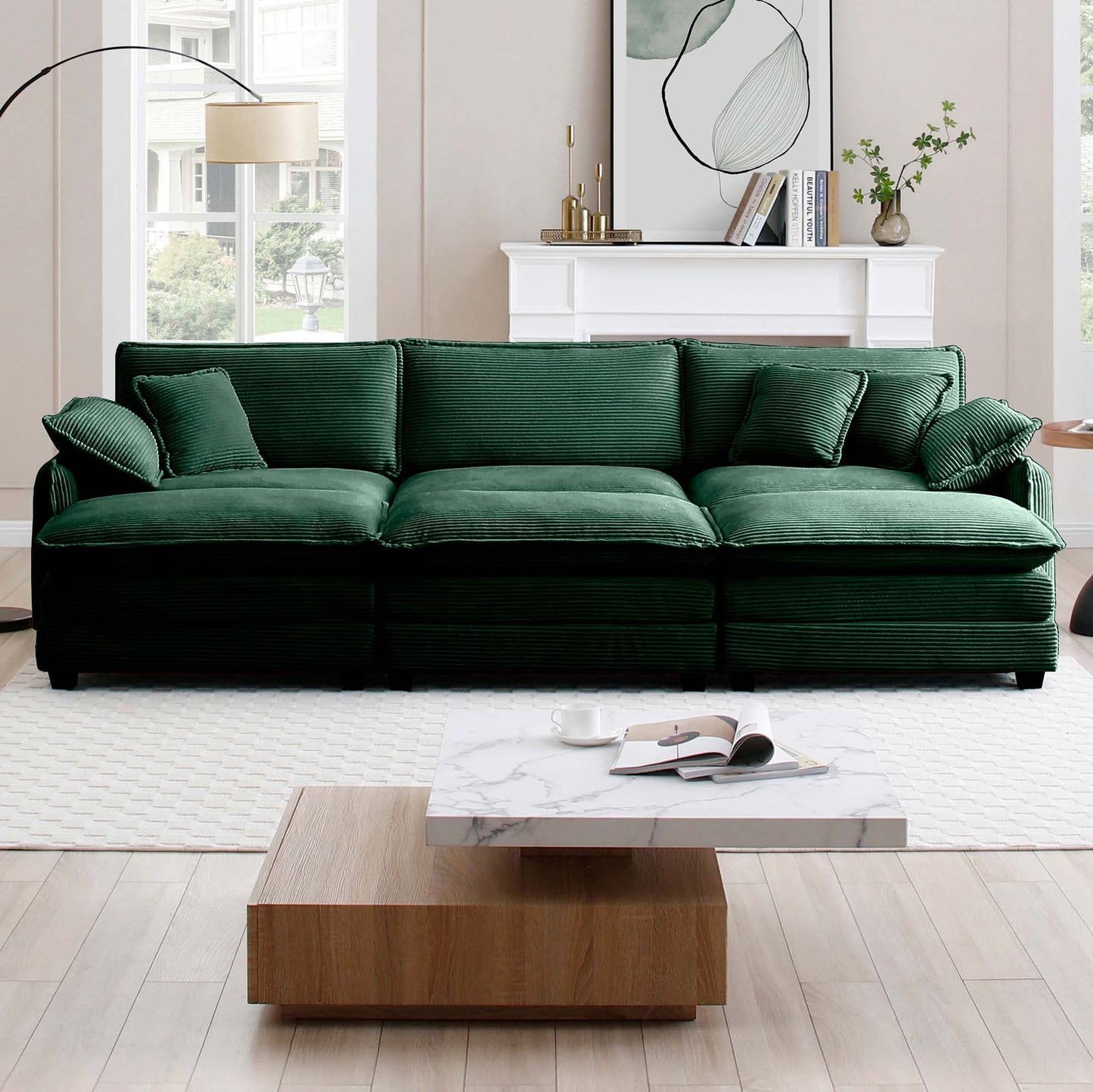 Oversized modular cushioned sofa,with 3 ottomans to work as sleeper sofa beds, 3-seater sofa with 3 footstools,Green corduroy fabric