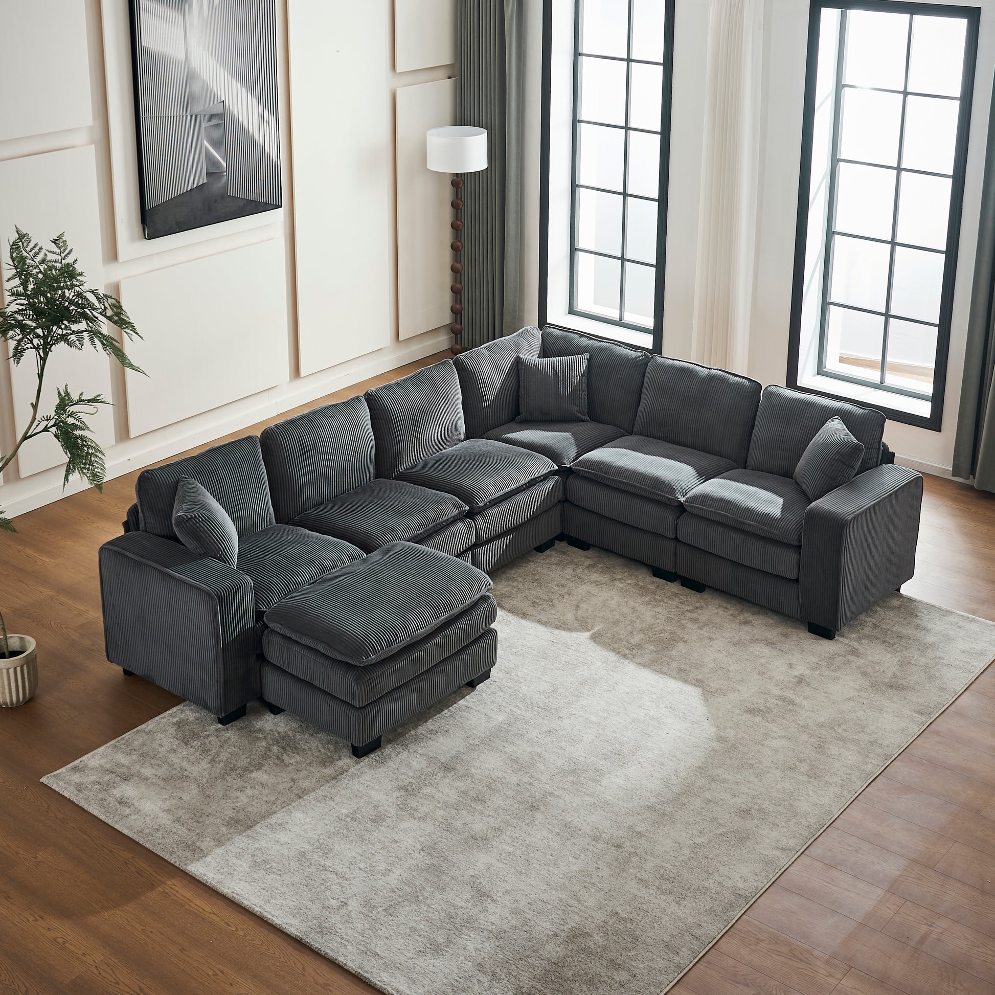 Modern U Shaped 6-seat Sectional Sofa Couch with one Ottoman and three toss pillows ,Modular Sofa for Living Room,Corduroy sofa