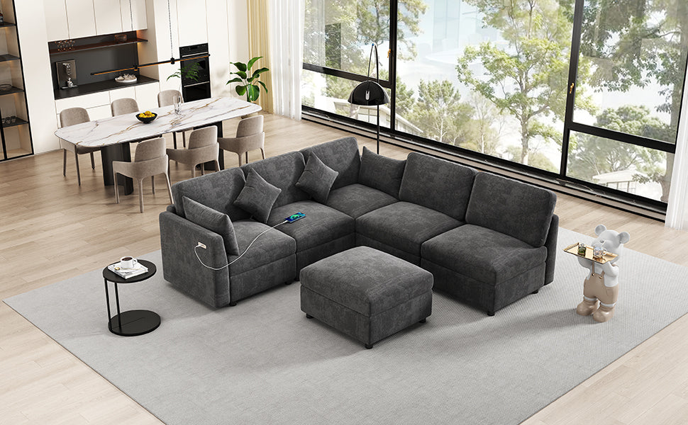 85.4" Sectional Sofa Modular Sofa U-shaped Sofa Couch Sofa Bed L-shaped Sofa with a Movable Ottoman and Two USB Ports for Living Room, Black