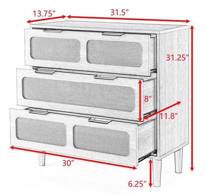 3 drawer dresser, modern rattan dresser cabinet with wide drawers and metal handles, farmhouse wooden storage chest of drawers for room, living room, hallway, entrance, office