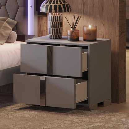 Elegant Nightstand with Metal Handle,Mirrored Bedside Table with 2 Drawers for Bedroom,Living Room,Grey