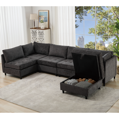 [NEW ARRIVED] [VIDEO PROVIDED]   Modular Sectional Couch with Storage Ottoman, U Shaped Sofa, Storage Ottoman,Minimalist ,Convertible Modular Sofa,Chenille ,Upholstered,6 Seat,Living Room,  Dark  Gray