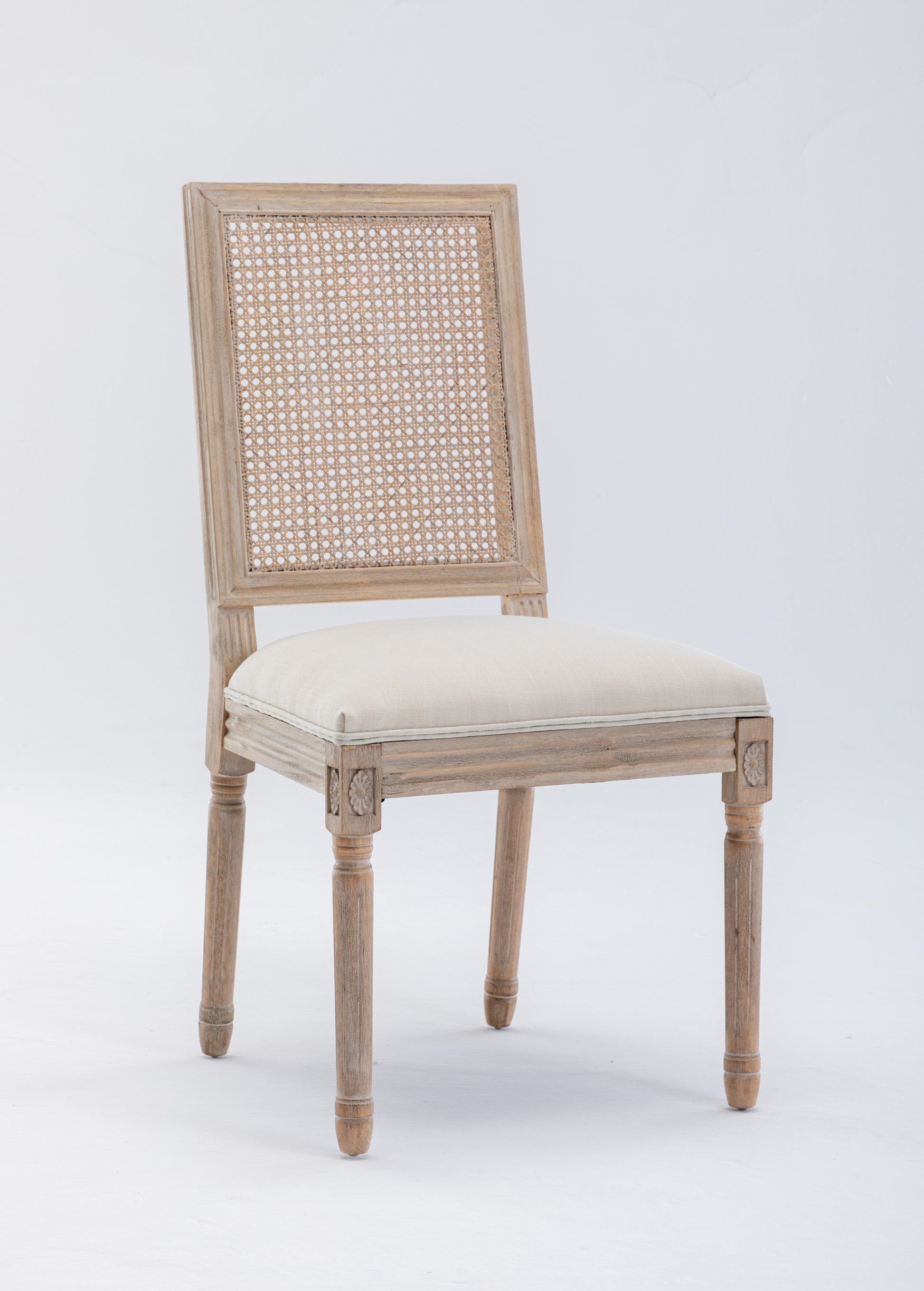 French Style Solid Wood Frame Linen Fabric Antique Painting Rattan Back Dining Chair ,Seat of 2,Cream