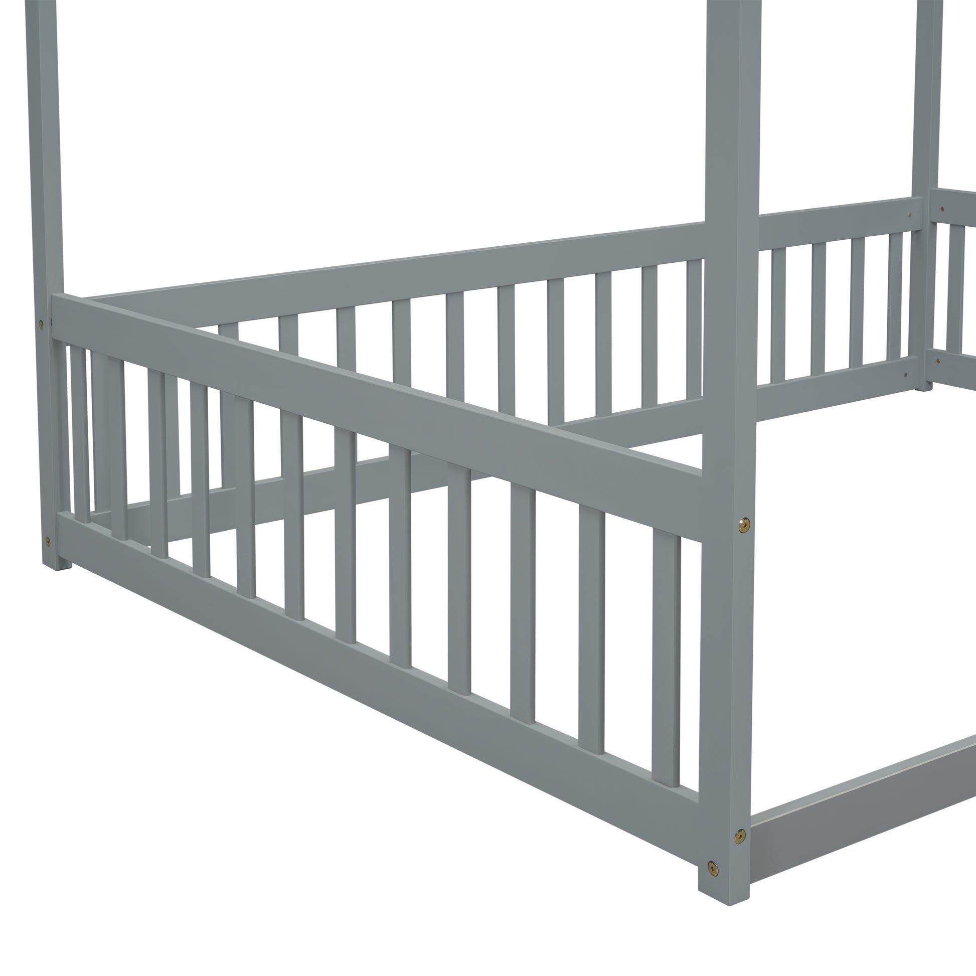 Full Size Canopy Frame Floor Bed with Fence, Guardrails,Grey