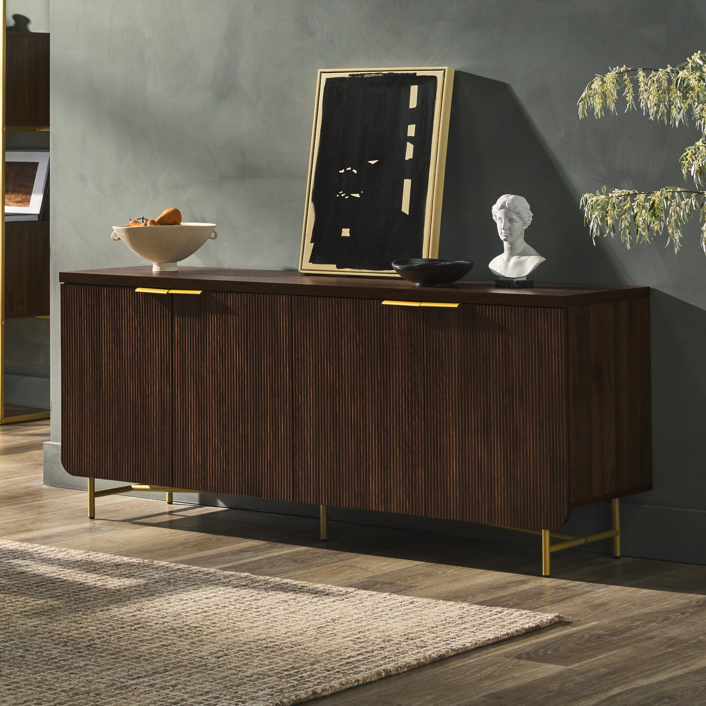 Modern Fluted-Door Minimalist Storage Sideboard – Dark Walnut / Gold