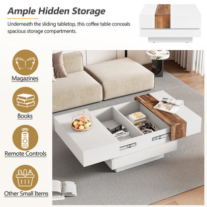 ON-TREND 31.4'' x 31.4'' Square Coffee Table with Sliding Tabletop, High Gloss Center Table with Hidden Storage Compartment, Extendable Cocktail Table with Walnut  Grain Finish for Living Room, White