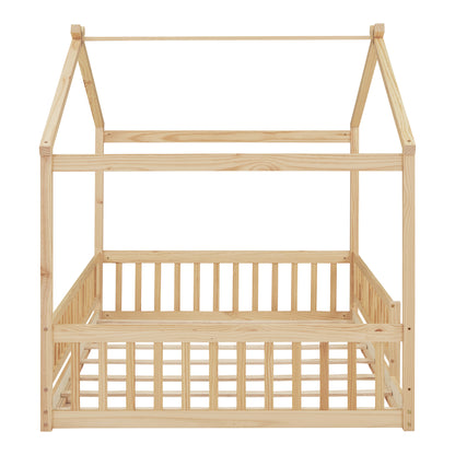 Full Size Wood Bed House Bed Frame with Fence, for Kids, Teens, Girls, Boys,Natural