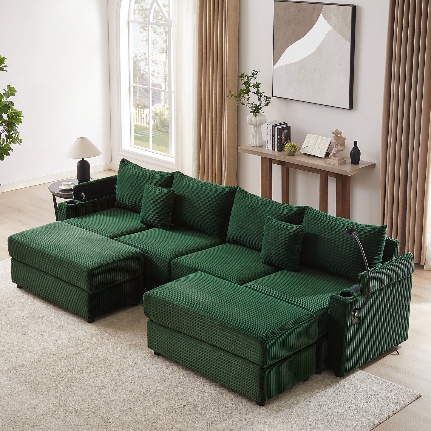 123.2" Modern Style 4-seater Sofa Sectional Sofa Couch with Storage Space, Two Movable Ottomans, Two USB Ports, Two Cup Holders, A Phone Holder for Living Room, Green