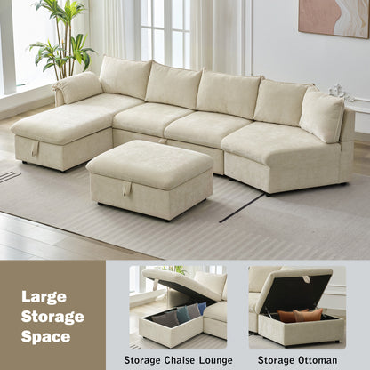 146.9" L-shaped Sofa Sectional Sofa Couch Pull-out Sofa Bed with a Movable Storage Ottoman, a Storage Chaise Lounge and Two USB Ports for Living Room, Beige