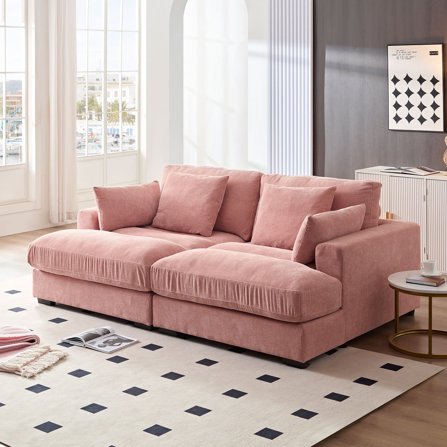 89.76 inch Double Sleeper Sofa Cloud Couch Soft Fluffy Fabric Upholstery with Square Armrests,Comfor Daybed with Over Wide Sofa Bed,Modern Beanbag for Living Room  Apartment,Pink