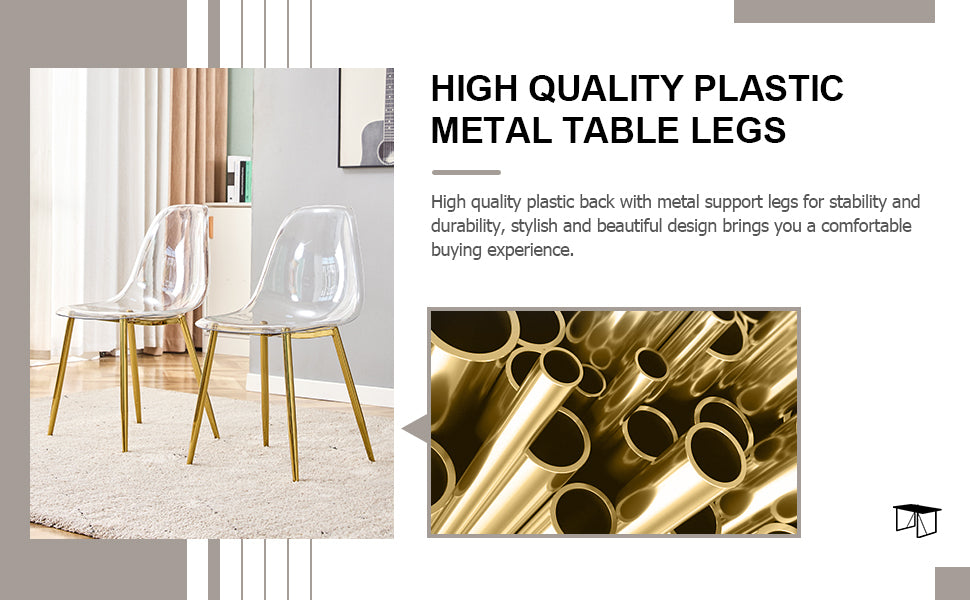 Table and chair set.Modern Luxurious Round Tempered Glass Dining Table Set-40*40 inch with 6 Transparent Plastic Dining Chair with Gold Metal Legs.Bring a comfortable home experience to the kitchen.