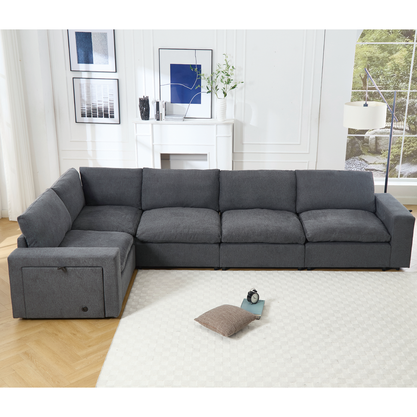 [NEW ARRIVED] [VIDEO PROVIDED]Sectional Couches For Living Room,Modular Couch,Wireless Charging Port & Cup Holders,5-seat ,DIY Combination,L-shaped Sofa,Book Storage Space,Soft Linen Fabric,Gray