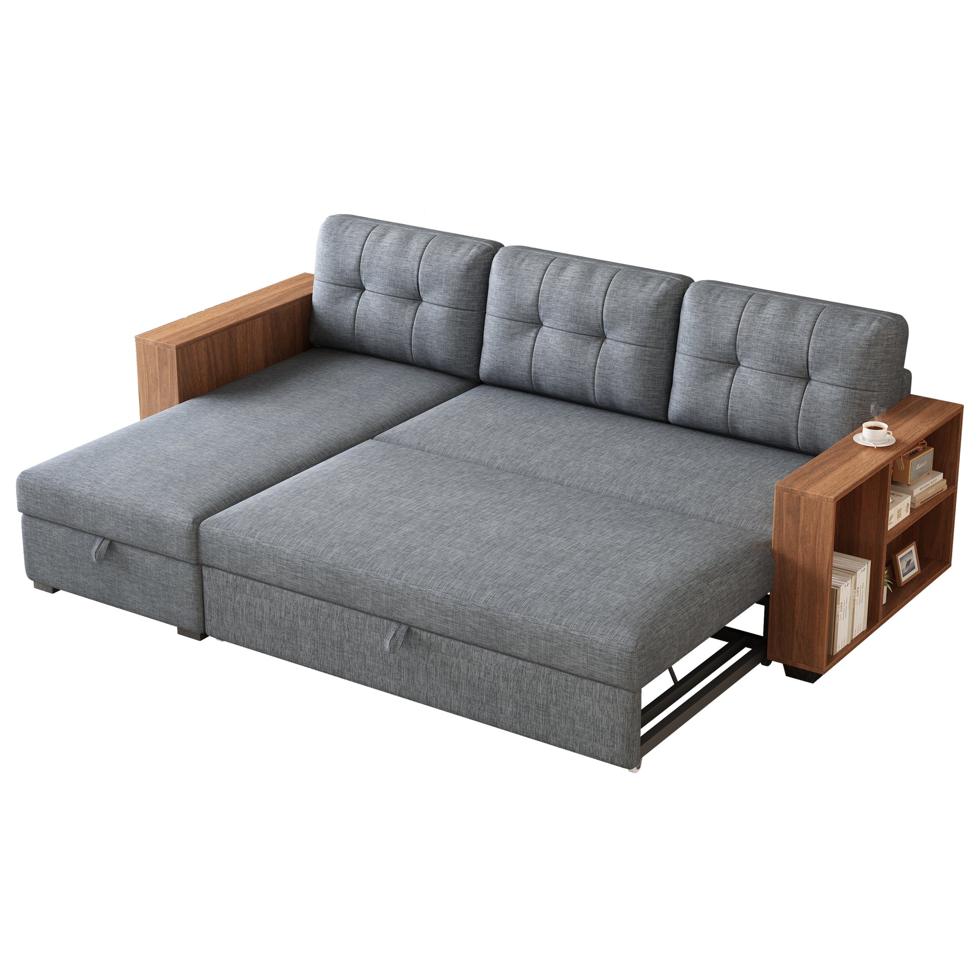 Upholstered Pull Out Sectional Sofa with Storage Chaise, Convertible Corner Couch, Light Grey-Wooden handrail