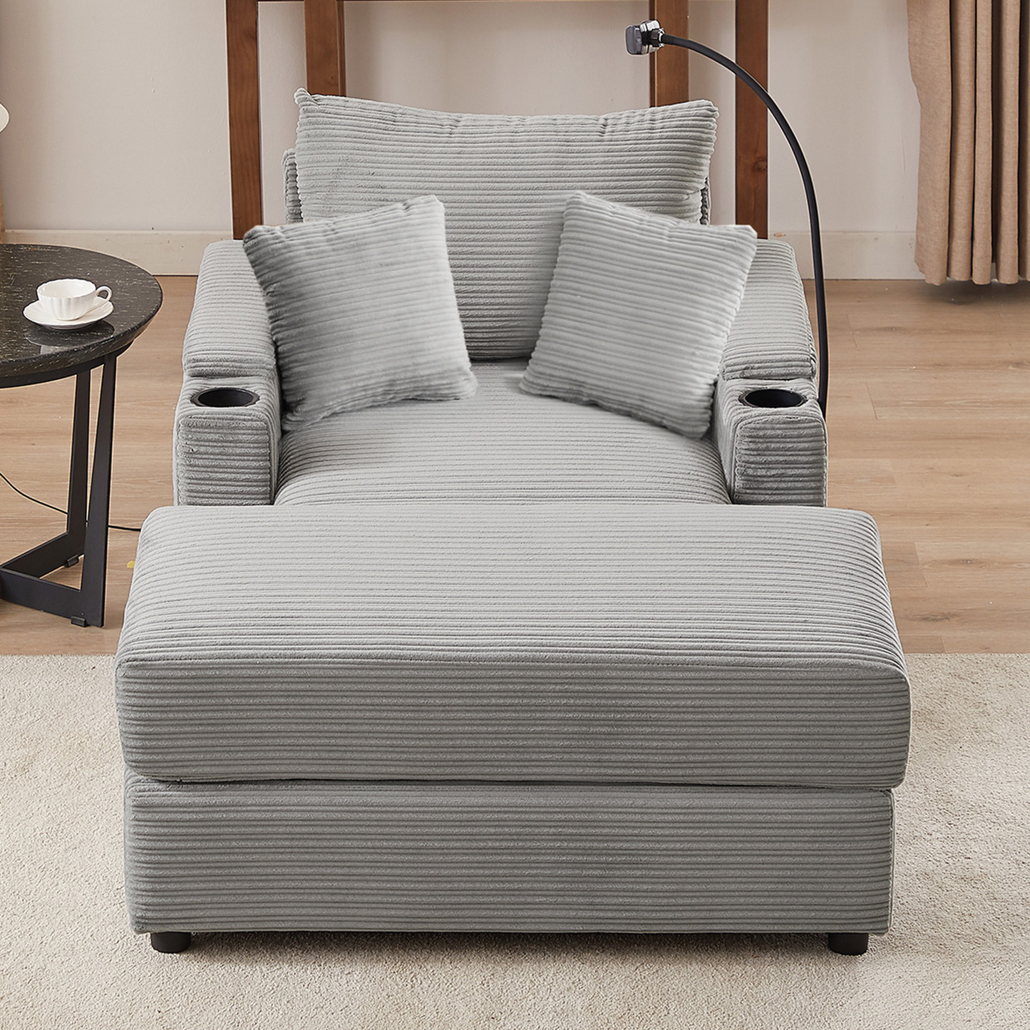 41.7" Modern Style Single Sofa Sofa Couch with Storage Space, A Movable Ottoman, Two USB Ports, Two Cup Holders, A Phone Holder for Living Room, Grey