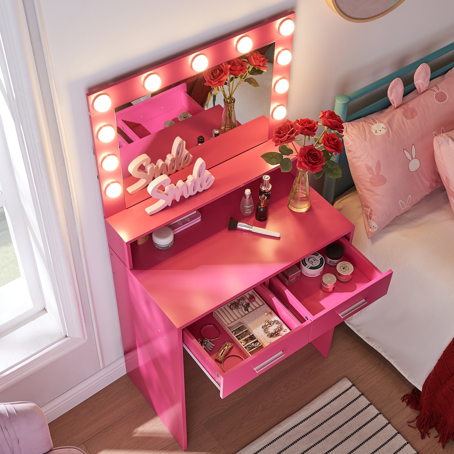 Vanity Desk with Mirror and Lights, Dressing Table with Large Drawer, 2 Level Storage Dresser & 3 Lighting Modes Adjustable Brightness, Suitable for Bedroom(Rose Pink)