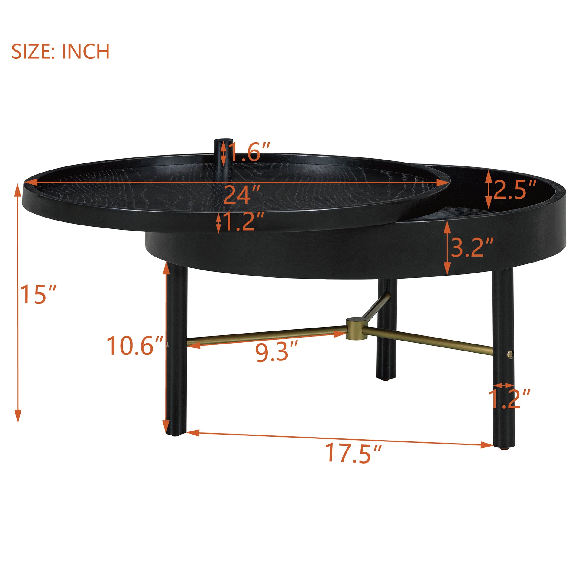 Modern Round Wood Rotating Tray Coffee Table with Storage & Metal Legs in Black