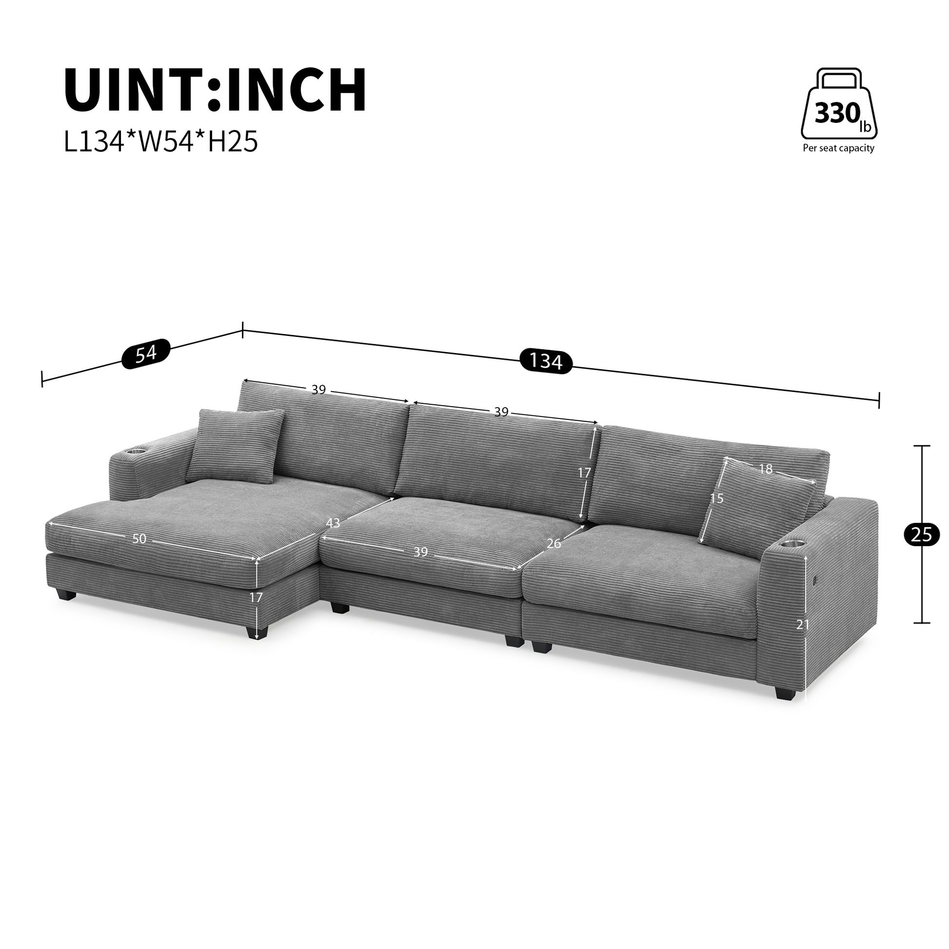 [VIDEO provided][New]134*54"Oversized Corduroy Sectional Sofa,L Shaped Cloud Couch with USB Charging Port,Cup Holder,Deep Seat Sofa Bed with 50" Chaise,Comfy Indoor Furniture for Living Room,3 Colors