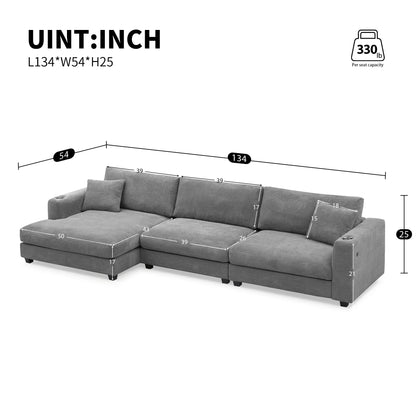 [VIDEO provided][New]134*54"Oversized Corduroy Sectional Sofa,L Shaped Cloud Couch with USB Charging Port,Cup Holder,Deep Seat Sofa Bed with 50" Chaise,Comfy Indoor Furniture for Living Room,3 Colors