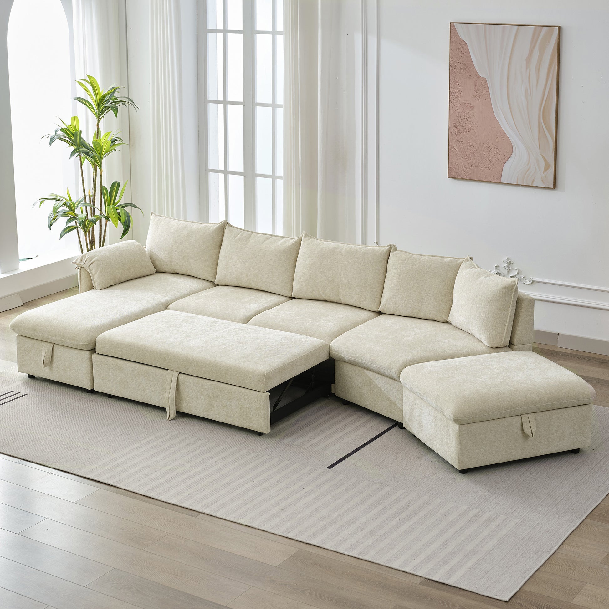 146.9" L-shaped Sofa Sectional Sofa Couch Pull-out Sofa Bed with a Movable Storage Ottoman, a Storage Chaise Lounge and Two USB Ports for Living Room, Beige