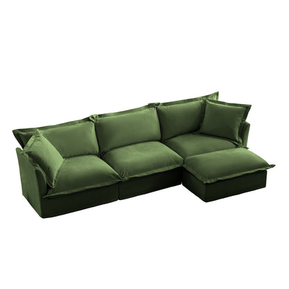 L-Shaped Slipcovered Sectional Sofa Couch, Comfy Chenille Deep Seat Cloud Couch with Convertible Ottoman & 2 Big Pillows, Modern Oversized 3 Seater Slipcovered Sofa Set for Living Room Office, Green