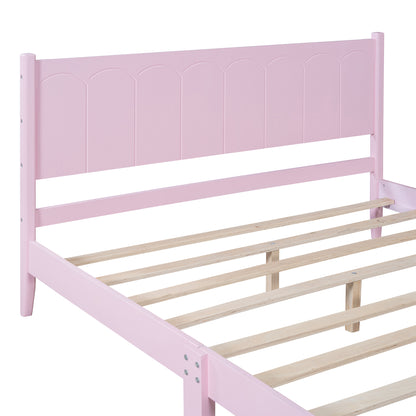 Queen Size Wood Platform Bed Frame, Retro Style  Bed with Rectangular Headboard,No Need Box Spring,Pink