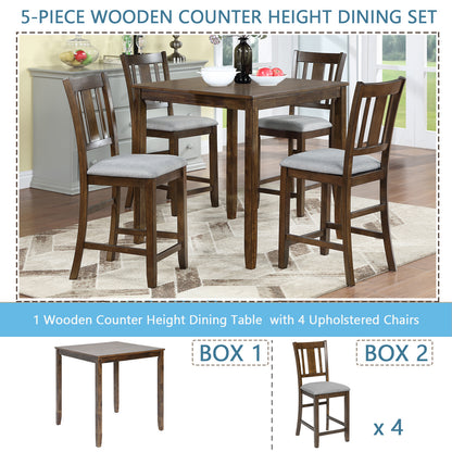 5 Piece Dining Table Set, Wooden Dining Square Table Set for 4, Counter Height Kitchen Table Set with Square Table and 4 Upholstered Chairs for Small Space, Walnut