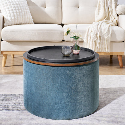 2-Piece Set Round Chenille Storage Ottoman, Equipped with a Drum Shaped Small Stool, Storage Space, and MDF Made Desktop Panel (Dark Blue23.62"x23.62"x16.53")