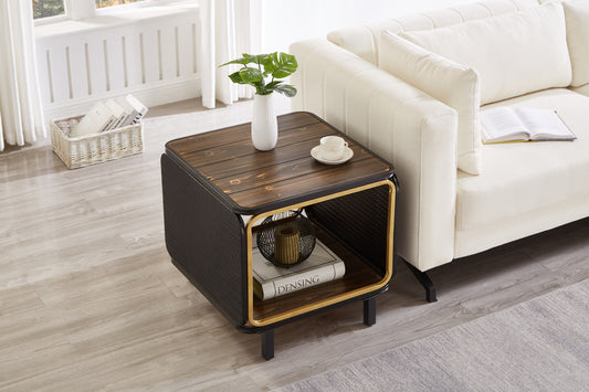 Square End Table with Storage, End Tables for Living Room, Natural Wood Metal Frame Bracket Black, 22.05 * 22.05 * 22.44 in