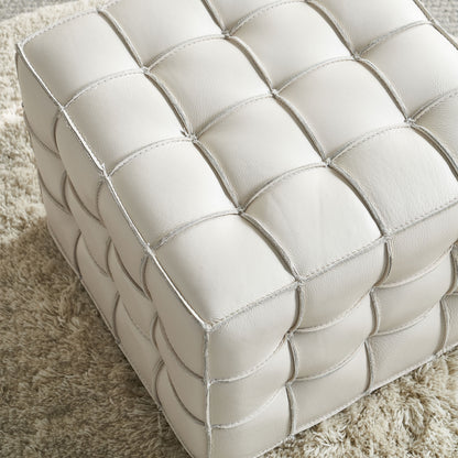 17.32''W Genuine Leather Tufted Ottoman,Footstool for Living Room & Bedroom,Beige Color