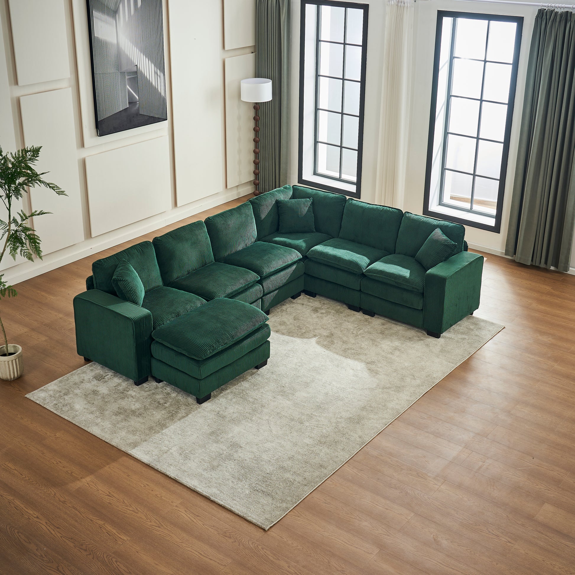 Modern U Shaped 6-seat Sectional Sofa Couch with one Ottoman and three toss pillows ,Modular Sofa for Living Room,Corduroy sofa