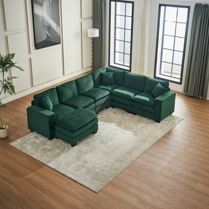 Modern U Shaped 6-seat Sectional Sofa Couch with one Ottoman and three toss pillows ,Modular Sofa for Living Room,Corduroy sofa