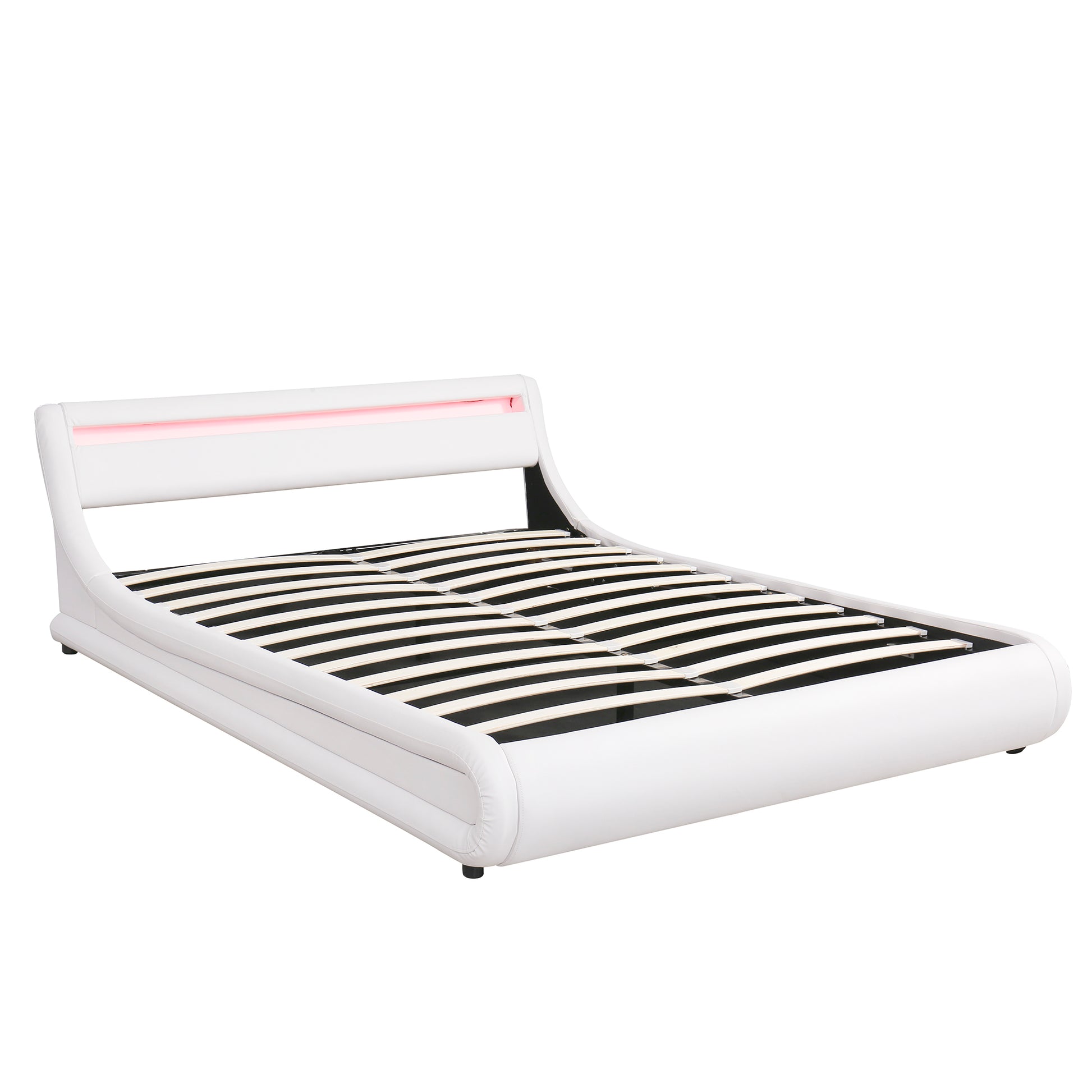 Upholstered Faux Leather Platform bed with a Hydraulic Storage System with LED Light Headboard Bed Frame with Slatted Queen Size