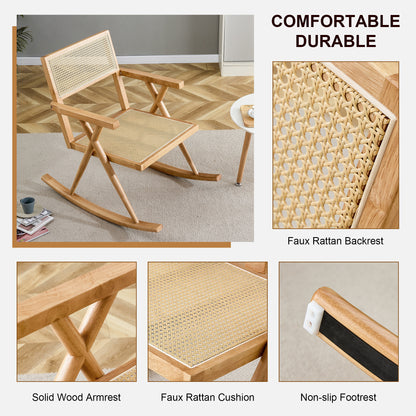 Solid wood+imitation rattan rocking chair allows you to relax quietly indoors and outdoors, enhancing your sense of relaxation, suitable for balconies, gardens, and camping sites