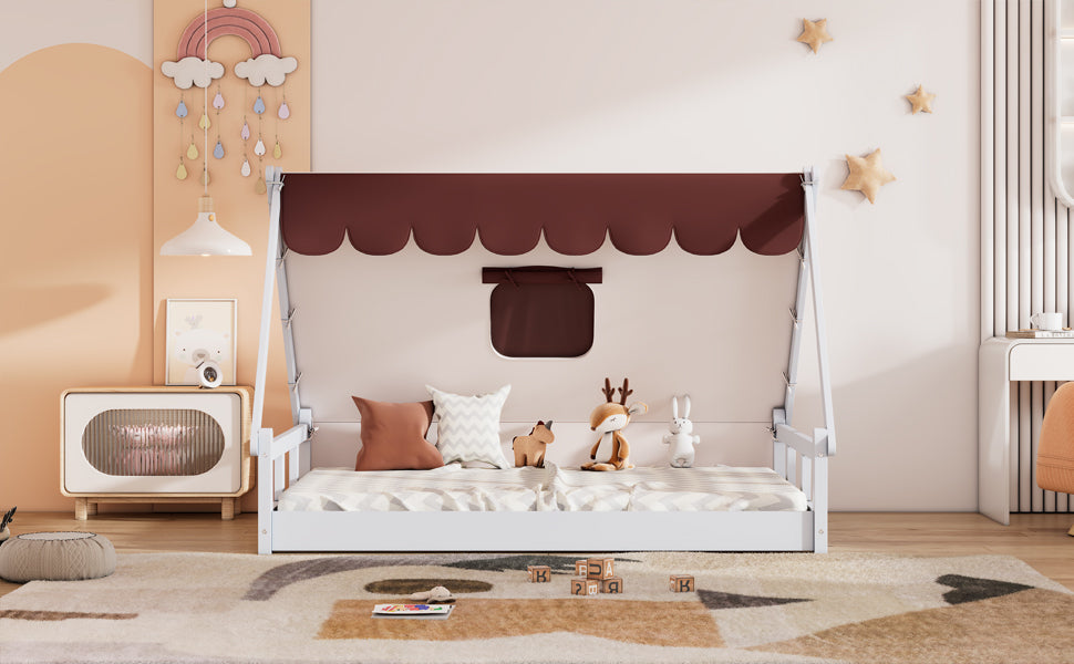 Wooden Full Size Tent Bed with Fabric for Kids,Platform Bed with Fence and Roof, White+Brown