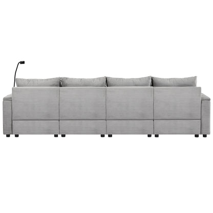 123.2" Modern Style 4-seater Sofa Sectional Sofa Couch with Storage Space, Two Movable Ottomans, Two USB Ports, Two Cup Holders, A Phone Holder for Living Room, Grey