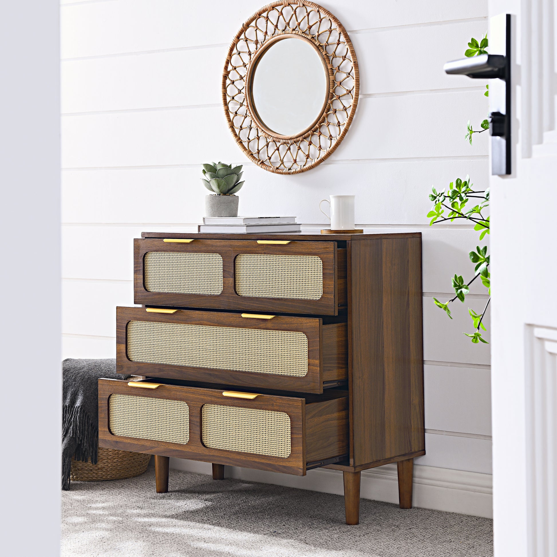 3 drawer dresser, modern rattan dresser cabinet with wide drawers and metal handles, farmhouse wooden storage chest of drawers for room, living room, hallway, entrance, office